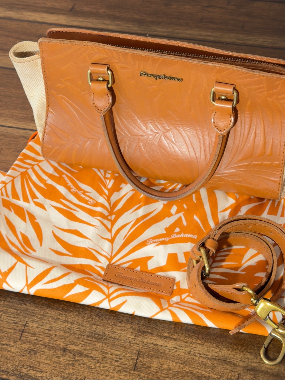 Tommy Bahama Orange Leather Satchel with Patterned Dust Bag